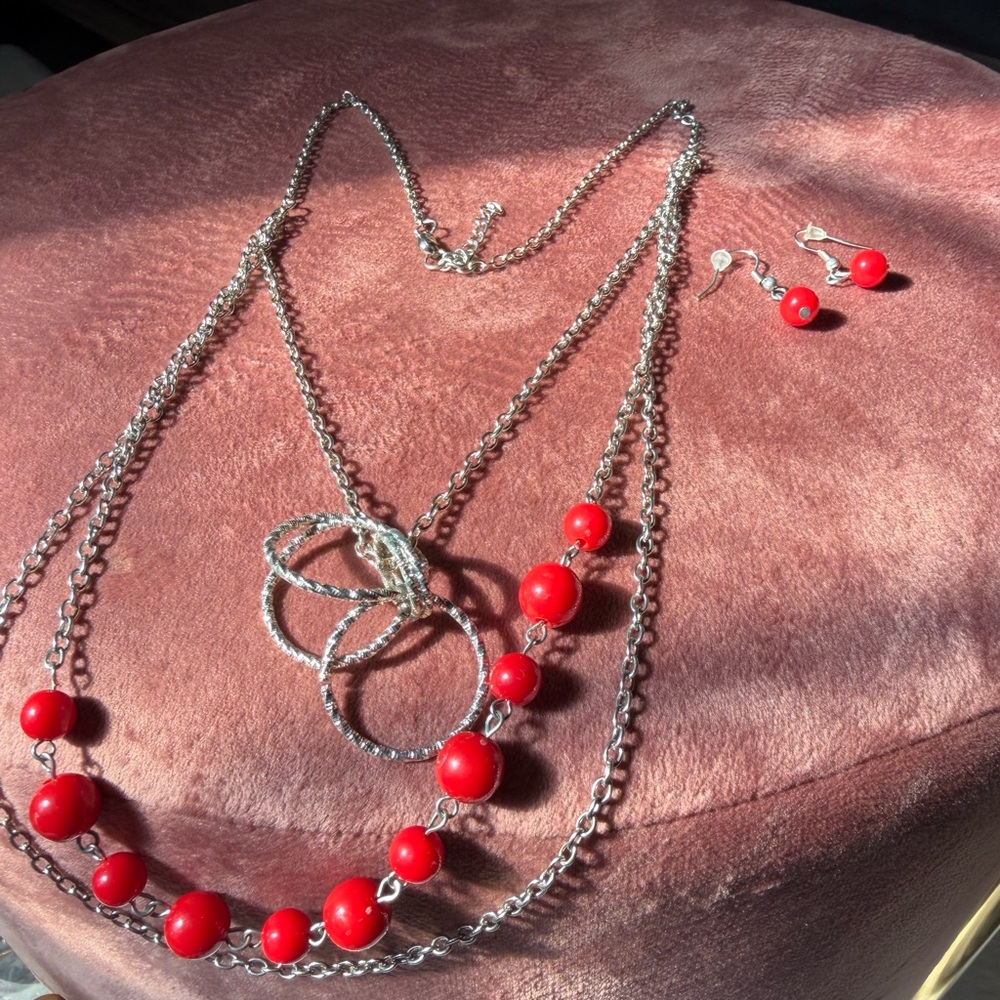 Silver and Red Beaded Necklace and Earring Set